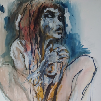 Accroupie, aquarelle sur papier tendu sur toile, 97x130