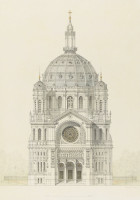 Église Saint-Augustin à Paris, élévation de la façade principale, par Victor Baltard, en 1868-1871. Plume et encre, rehauts d'aquarelle et d'or.